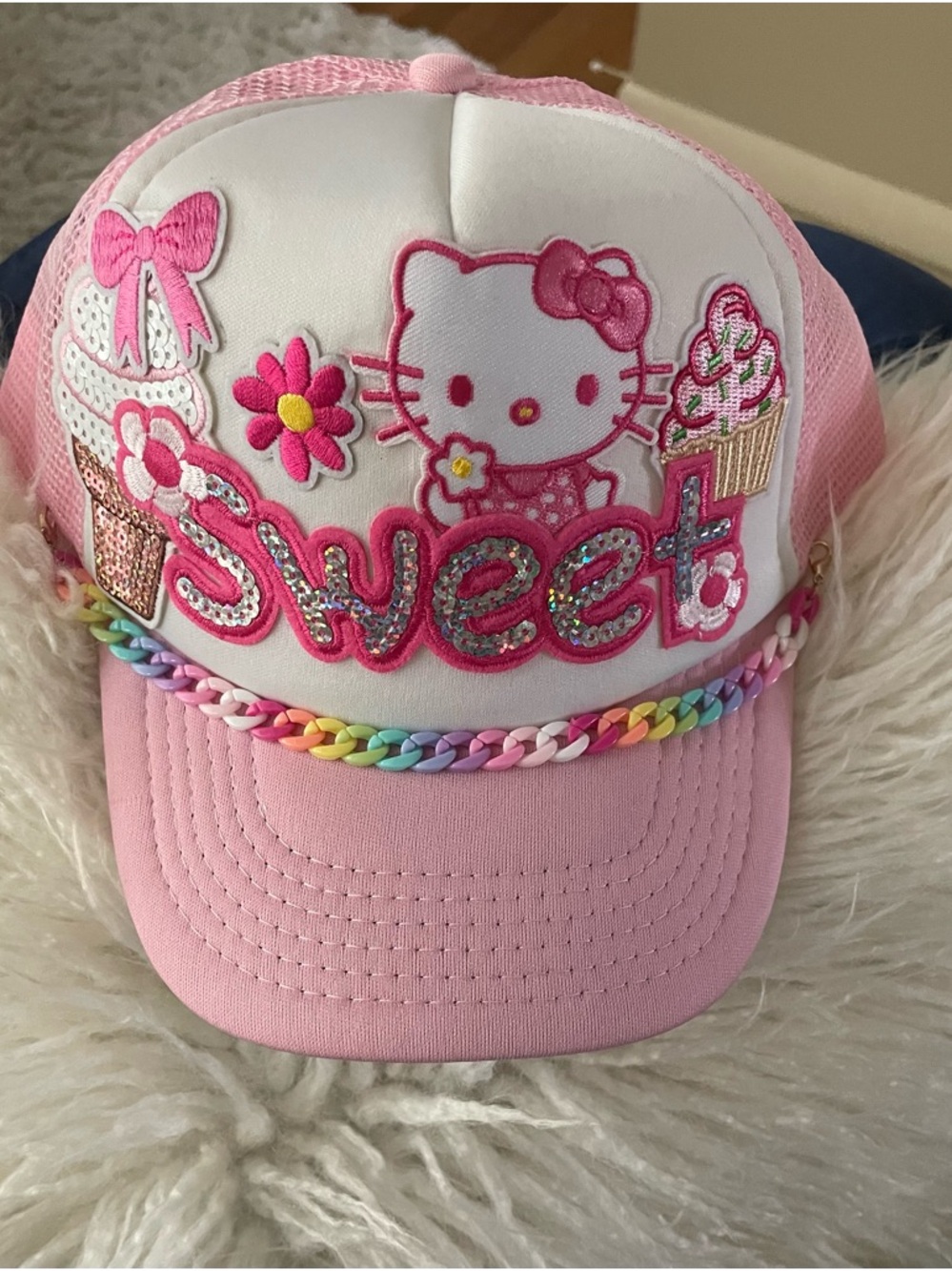Hello Kitty Pink & White 'Sweet' Embroidered Trucker Hat with Rainbow Braid